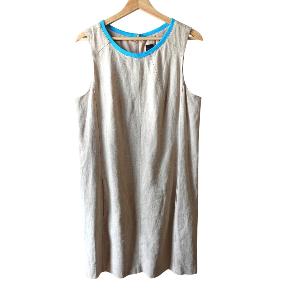 Saks Fifth Avenue Womens Dress 12 Beige Turquoise Linen Cotton Shift Black Label